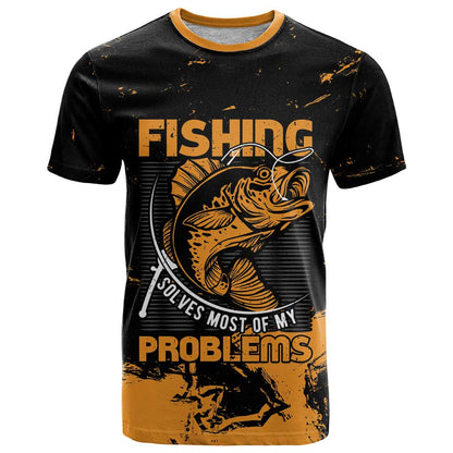 Personalized Fishing T-Shirt Fishing Solves Most Problems Grunge Style Graphic Tee