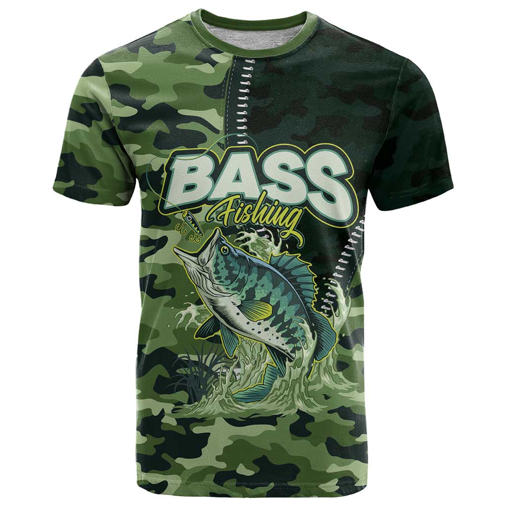 Personalized Bass Fishing T-Shirt Camouflage Zipper Effect Graphic Tee