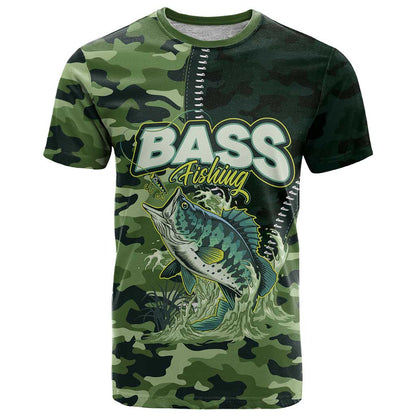 Personalized Bass Fishing T-Shirt Camouflage Zipper Effect Graphic Tee