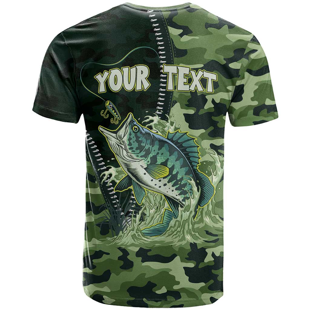 Personalized Bass Fishing T-Shirt Camouflage Zipper Effect Graphic Tee
