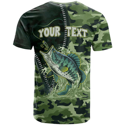 Personalized Bass Fishing T-Shirt Camouflage Zipper Effect Graphic Tee