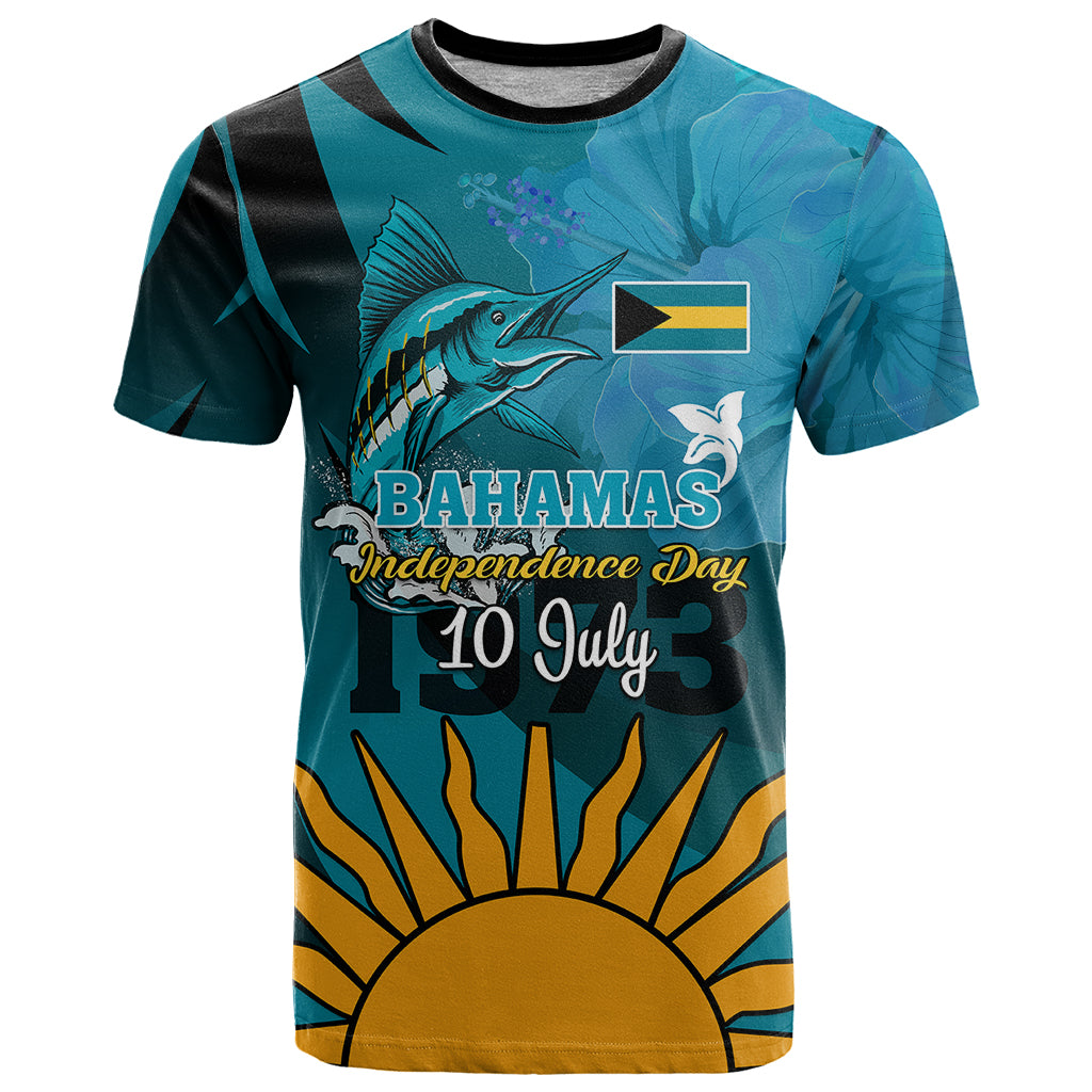 Custom 10 July The Bahamas Independence Day T-Shirt Bahamian Blue Marlin With Hibiscus Graphic Tee