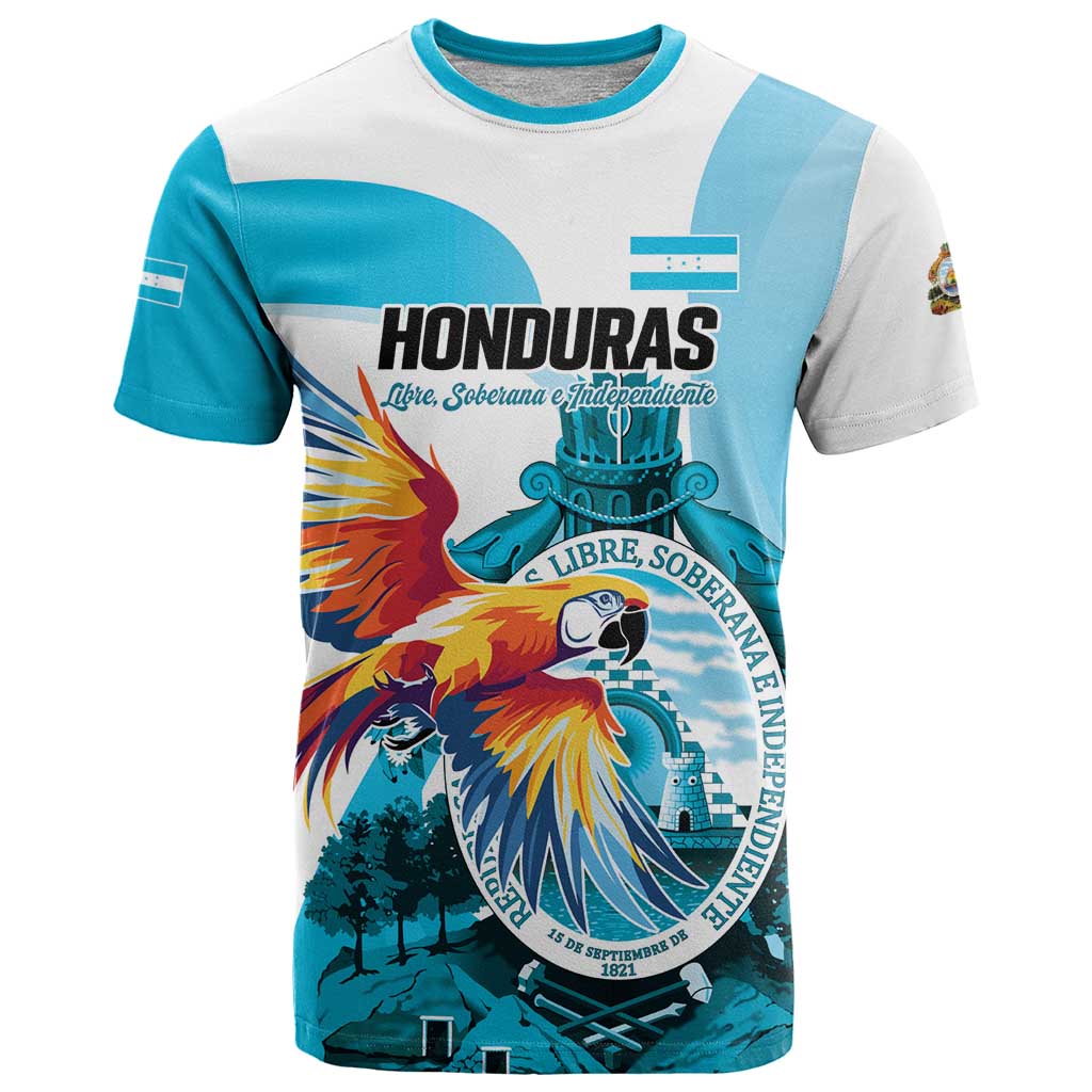 Personalized Honduras 1821 T-Shirt Scarlet Macaw Sky Blue Color Graphic Tee