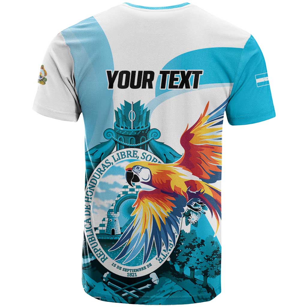 Personalized Honduras 1821 T-Shirt Scarlet Macaw Sky Blue Color Graphic Tee