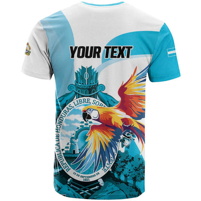 Personalized Honduras 1821 T-Shirt Scarlet Macaw Sky Blue Color Graphic Tee