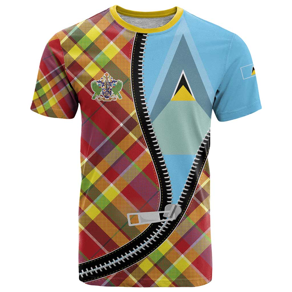 Saint Lucia Creole Day T-Shirt Madras Pattern Zipper Stylized Graphic Tee