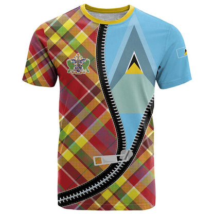 Saint Lucia Creole Day T-Shirt Madras Pattern Zipper Stylized Graphic Tee