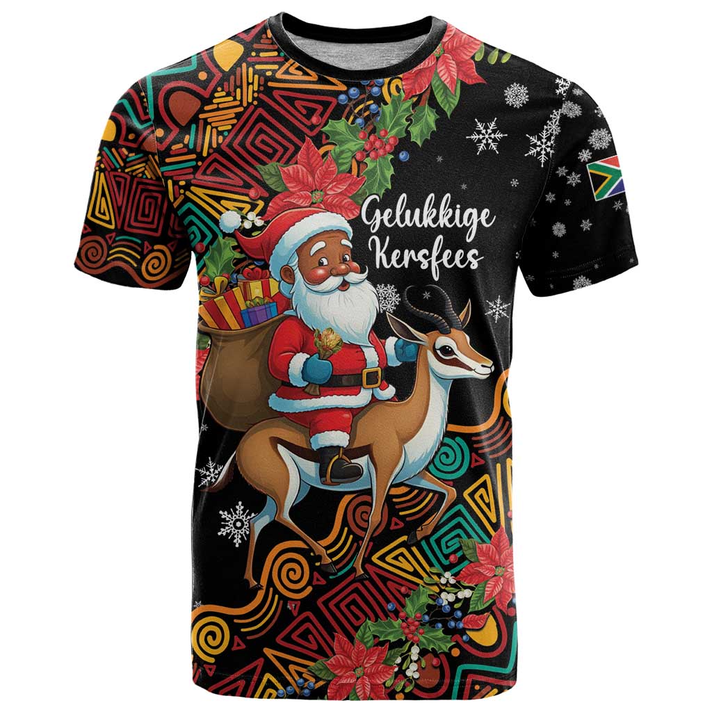South Africa Christmas T-Shirt Black Santa Claus Riding Springbok Graphic Tee
