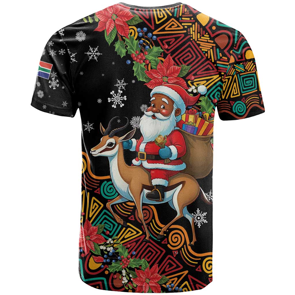South Africa Christmas T-Shirt Black Santa Claus Riding Springbok Graphic Tee
