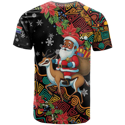South Africa Christmas T-Shirt Black Santa Claus Riding Springbok Graphic Tee