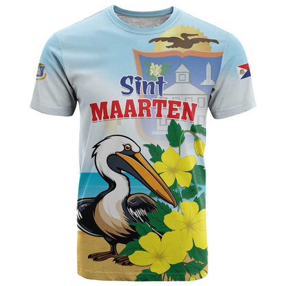 Personalized Sint Maarten T-Shirt Brown Pelican With Yellow Sage Graphic Tee