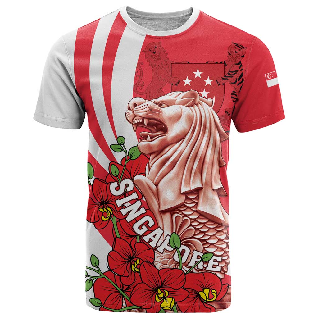 Singapore T-Shirt The Merlion With Red Orchid Graphic Tee
