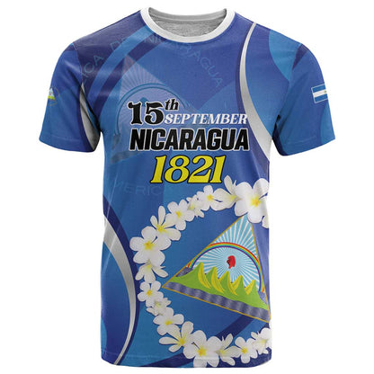 Personalized Nicaragua Independence Day 1821 T-Shirt Plumeria Floral Graphic Tee