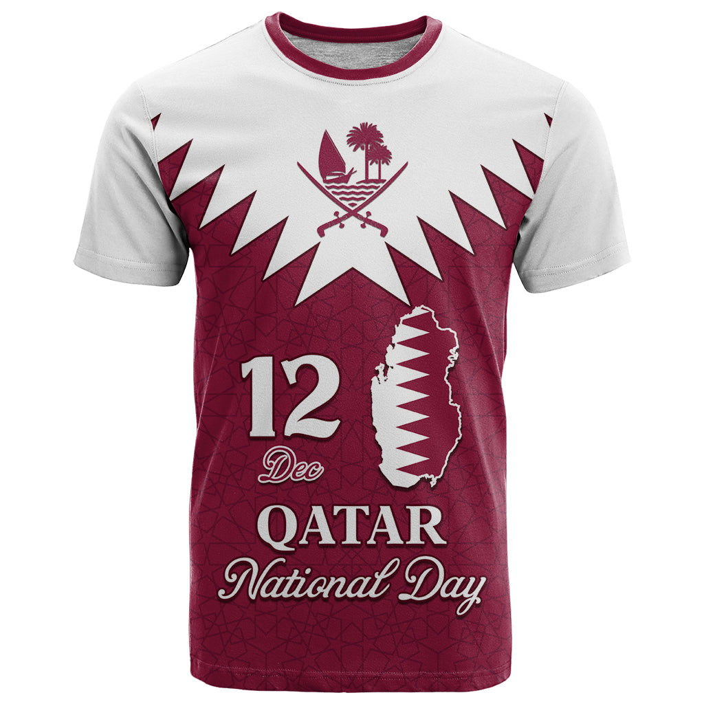 Personalised Qatar National Day T-Shirt Dawlat Qatar Map Islamic Pattern Graphic Tee