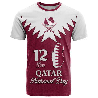 Personalised Qatar National Day T-Shirt Dawlat Qatar Map Islamic Pattern Graphic Tee