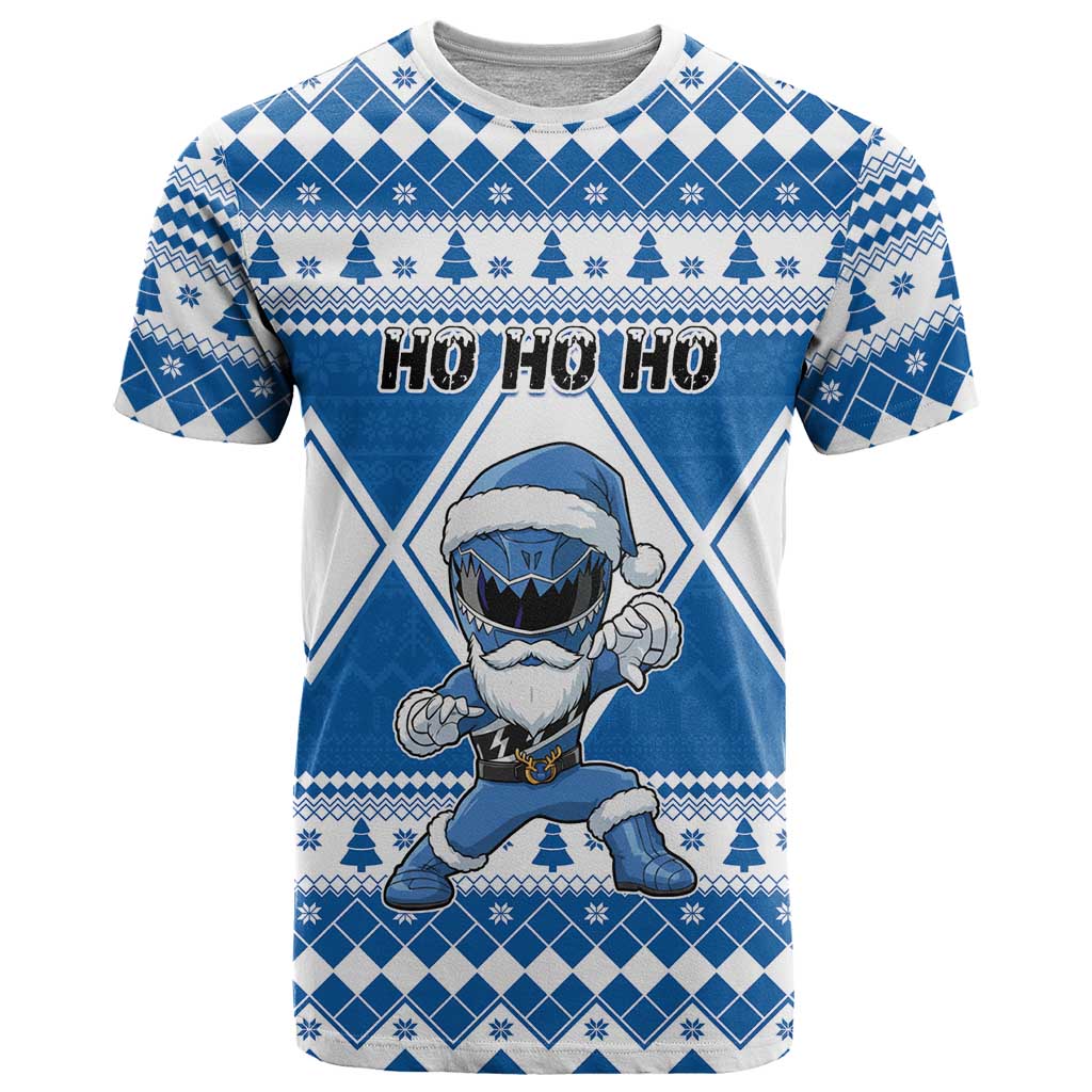Personalized Power Blue Ranger Santa Claus T-Shirt Funny Christmas Graphic Tee