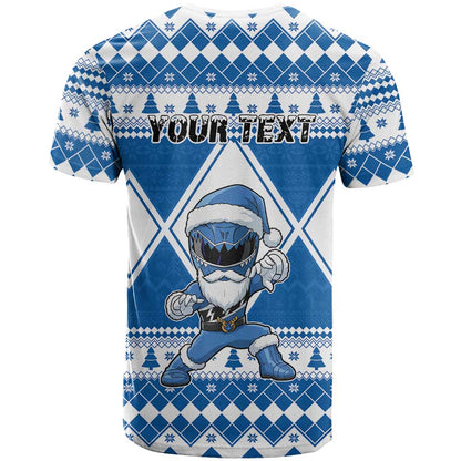 Personalized Power Blue Ranger Santa Claus T-Shirt Funny Christmas Graphic Tee