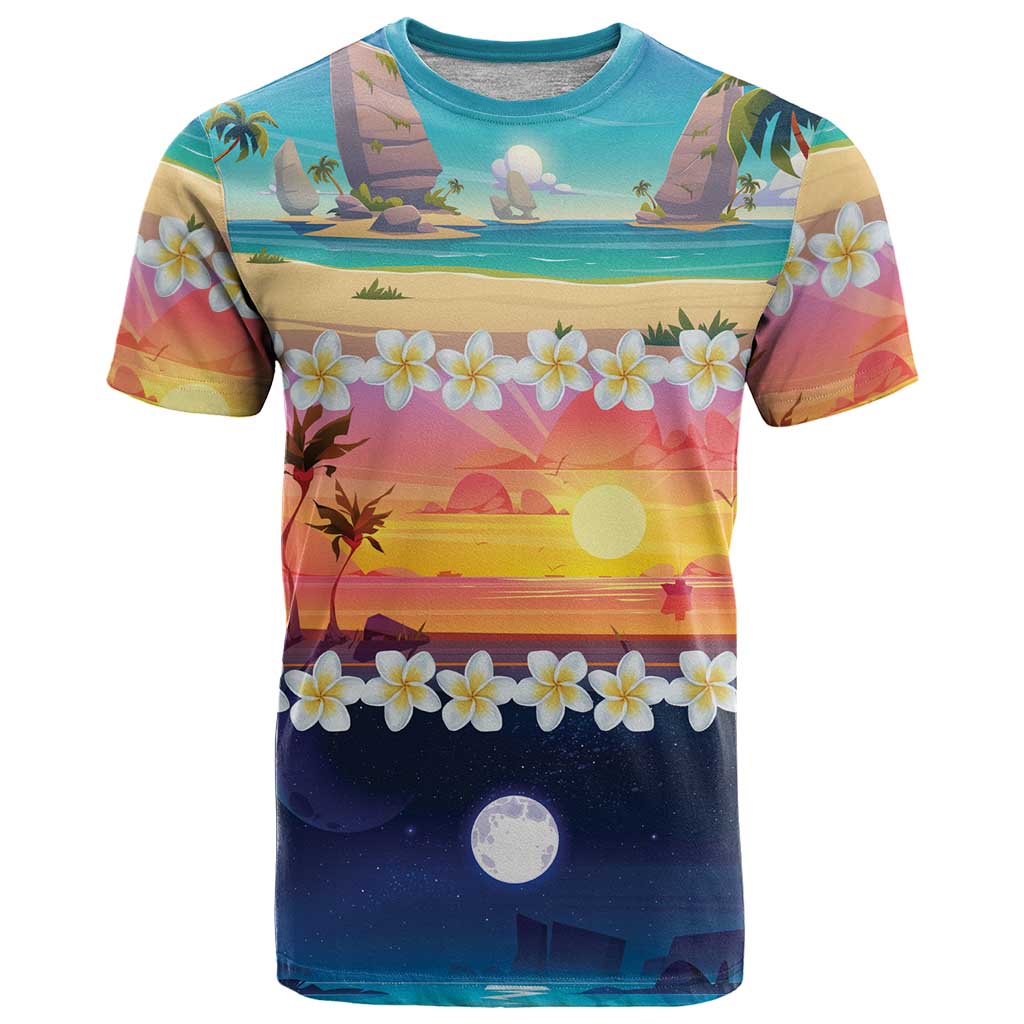 Hawaii Beach Landscape Time-Lapse T-Shirt Tropical Plumeria Flowers Graphic Tee