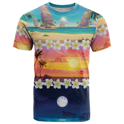 Hawaii Beach Landscape Time-Lapse T-Shirt Tropical Plumeria Flowers Graphic Tee