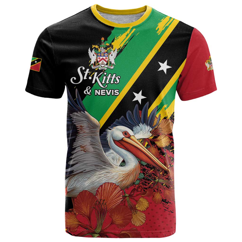 Personalized Saint Kitts and Nevis Pelican T-Shirt Royal Poinciana Flowers Graphic Tee