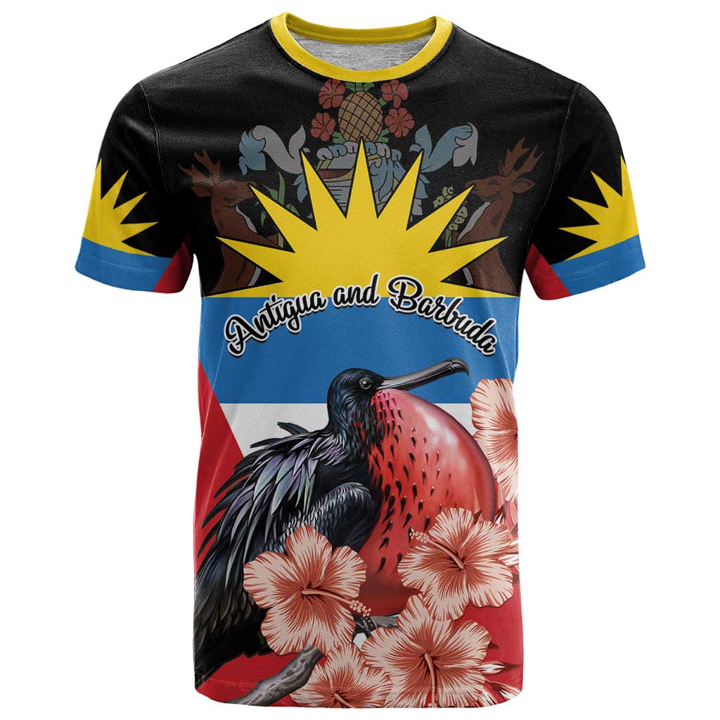 Personalized Antigua and Barbuda T-Shirt Magnificent Frigatebird Hibiscus Graphic Tee
