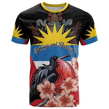 Personalized Antigua and Barbuda T-Shirt Magnificent Frigatebird Hibiscus Graphic Tee