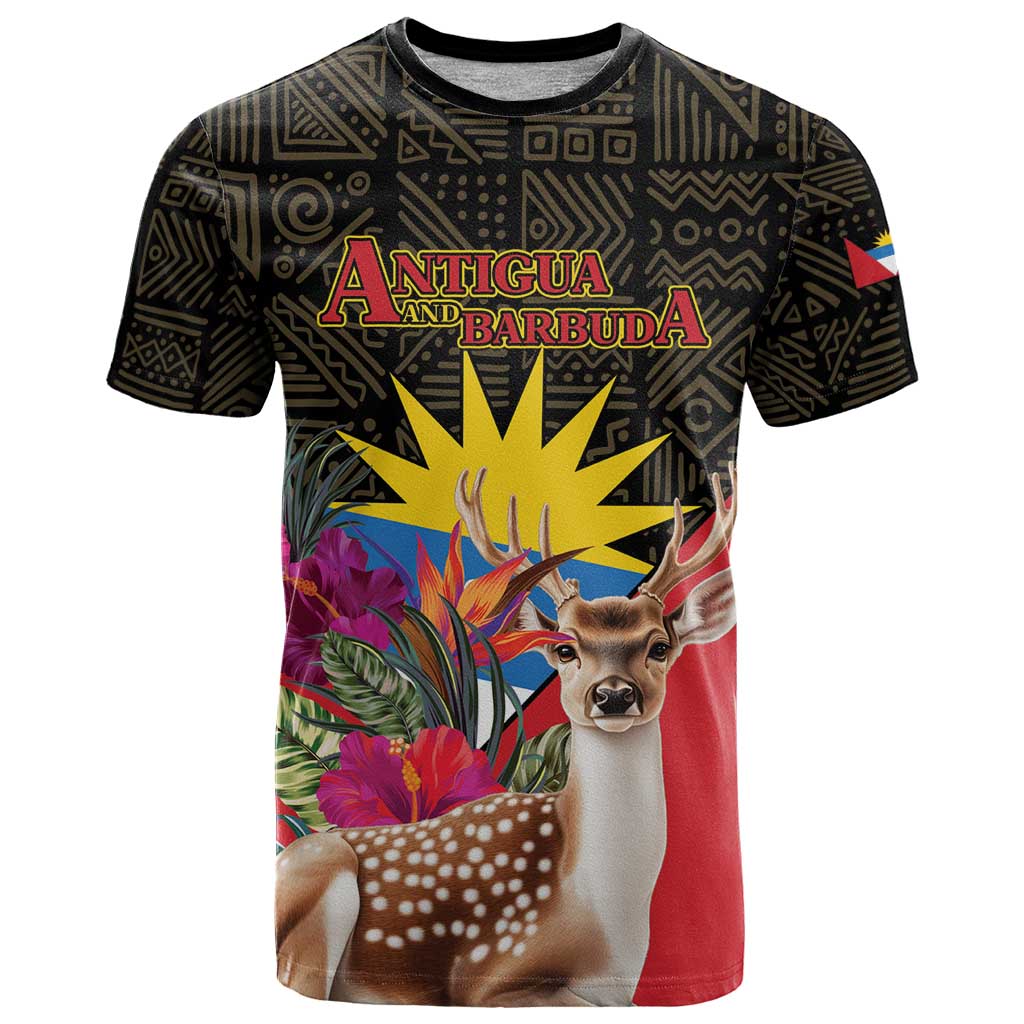 Personalized Antigua and Barbuda T-Shirt Fallow Deer Tropical Bouquet Graphic Tee