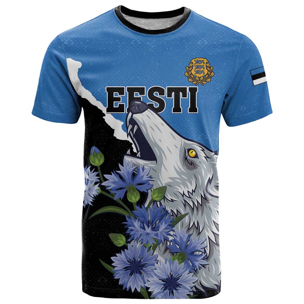Personalised Estonia T-Shirt Grey Wolf Cyanus Flowers Graphic Tee