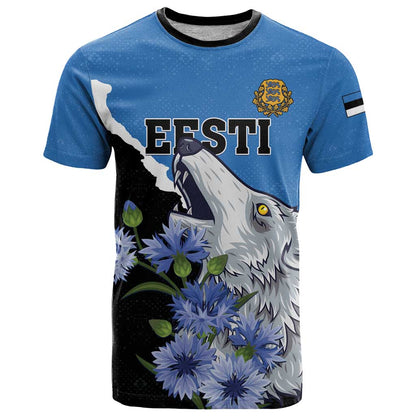 Personalised Estonia T-Shirt Grey Wolf Cyanus Flowers Graphic Tee