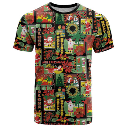Hawaiian Santa Christmas Pattern T-Shirt Black Version Graphic Tee