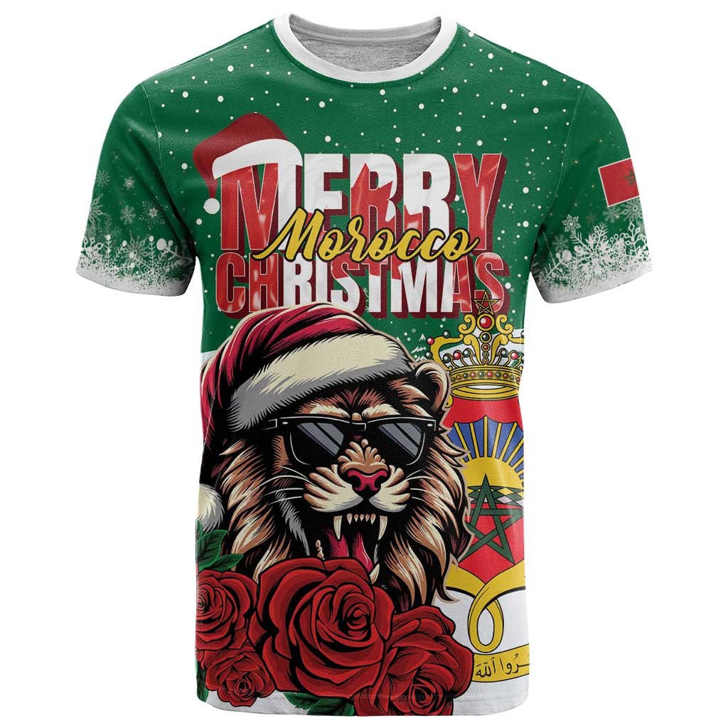 Morocco Christmas T-Shirt Santa Lion With Rose Xmas Vibe Graphic Tee
