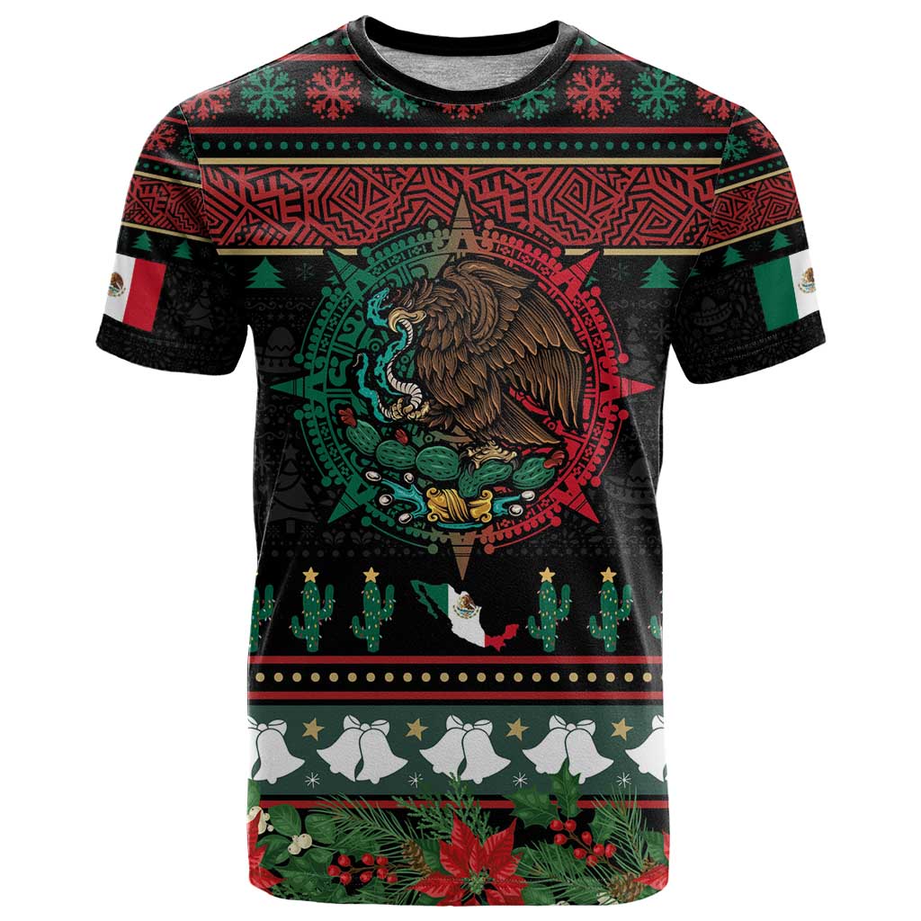 Mexican Christmas T-Shirt Feliz Navidad Aztec Eagle Emblem and Poinsettia Graphic Tee