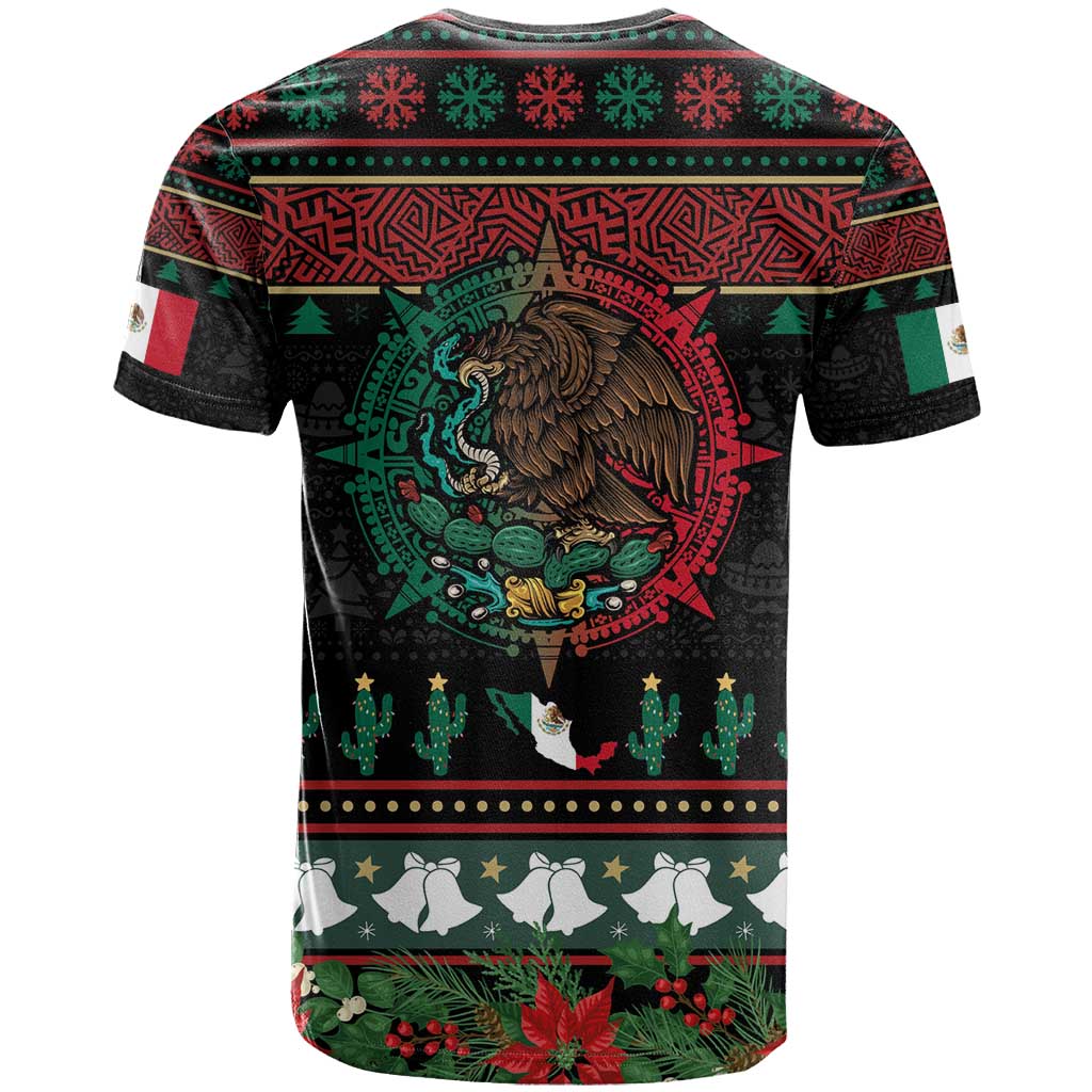 Mexican Christmas T-Shirt Feliz Navidad Aztec Eagle Emblem and Poinsettia Graphic Tee