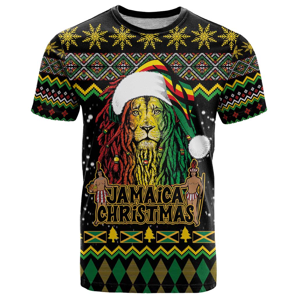 Jamaican Christmas T-Shirt - Rastafarian Lion with Xmas Elements Reggae Style Graphic Tee