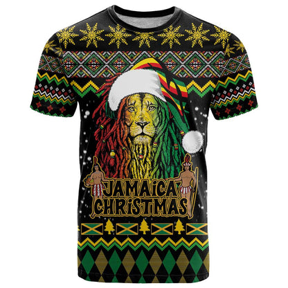 Jamaican Christmas T-Shirt - Rastafarian Lion with Xmas Elements Reggae Style Graphic Tee