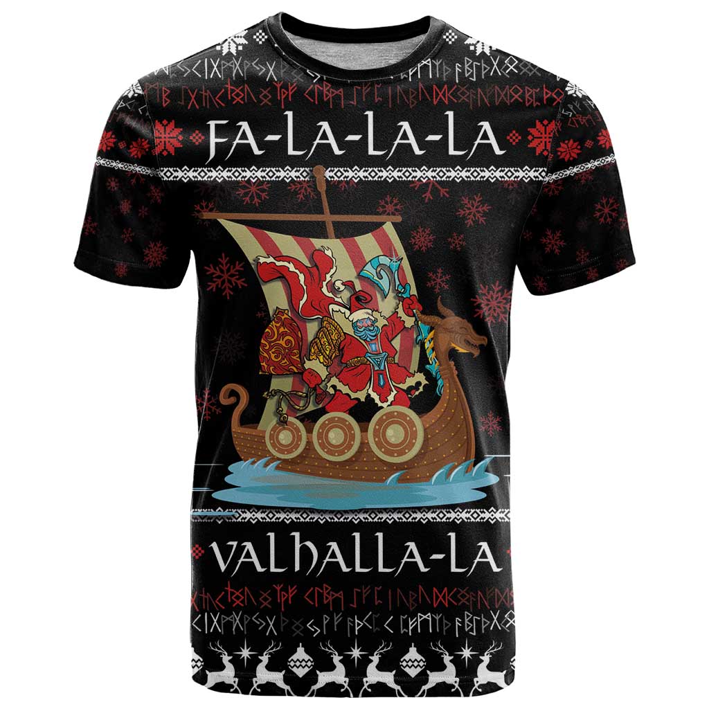 Vikings Christmas T-Shirt Santa Warrior on The Viking Ship with Xmas and Snowflake Pattern Graphic Tee