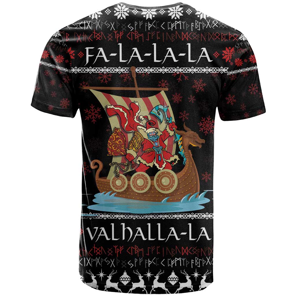Vikings Christmas T-Shirt Santa Warrior on The Viking Ship with Xmas and Snowflake Pattern Graphic Tee