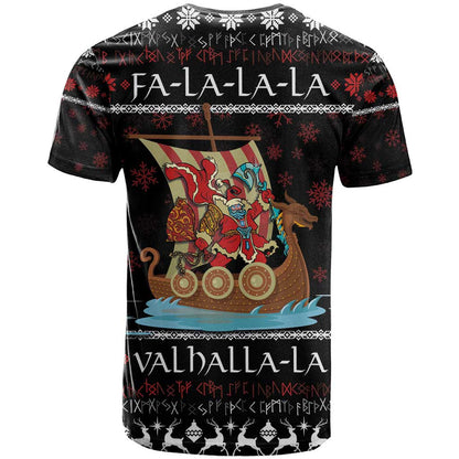 Vikings Christmas T-Shirt Santa Warrior on The Viking Ship with Xmas and Snowflake Pattern Graphic Tee