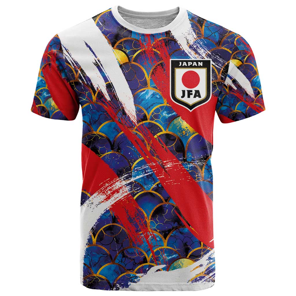 Custom Japan Football T-Shirt Seigaiha and Brush Style Graphic Tee