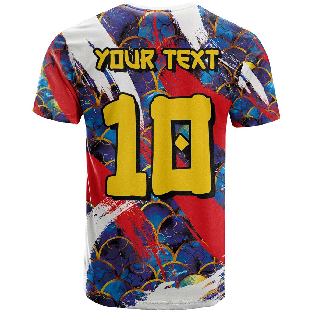 Custom Japan Football T-Shirt Seigaiha and Brush Style Graphic Tee