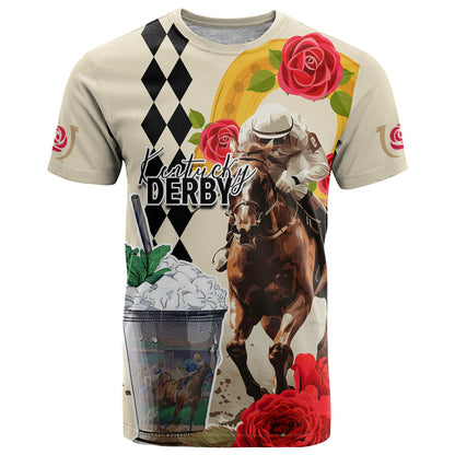 Kentucky Horse Racing 150th Anniversary T-Shirt Mint Julep and Horseshoe Roses Graphic Tee
