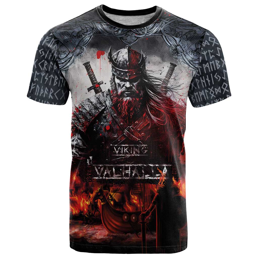 Viking Valhalla T-Shirt Norseman and Burning Battlefield Graphic Tee