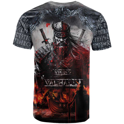 Viking Valhalla T-Shirt Norseman and Burning Battlefield Graphic Tee
