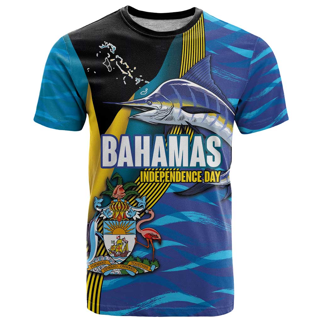 Bahamas Independence Day T-Shirt National Flag Style with Blue Marlin and Emblem Graphic Tee