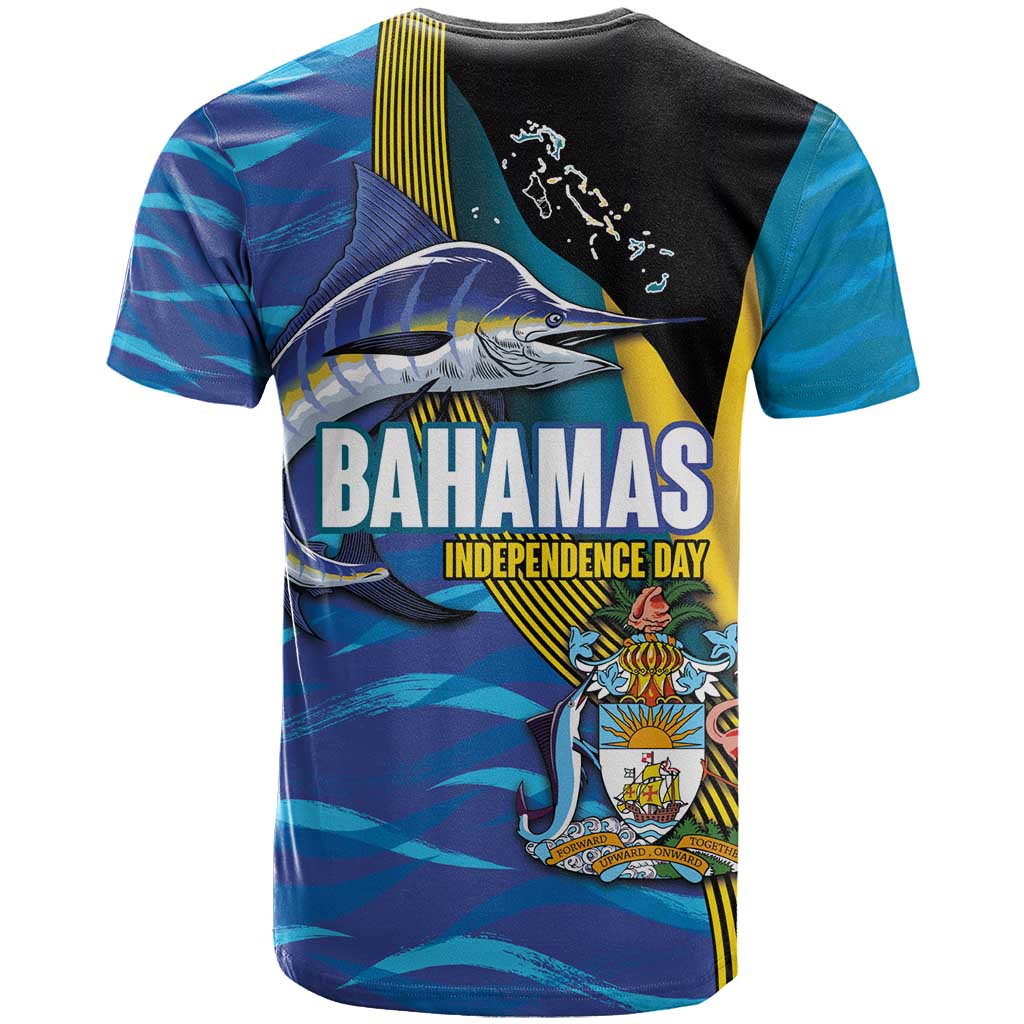 Bahamas Independence Day T-Shirt National Flag Style with Blue Marlin and Emblem Graphic Tee