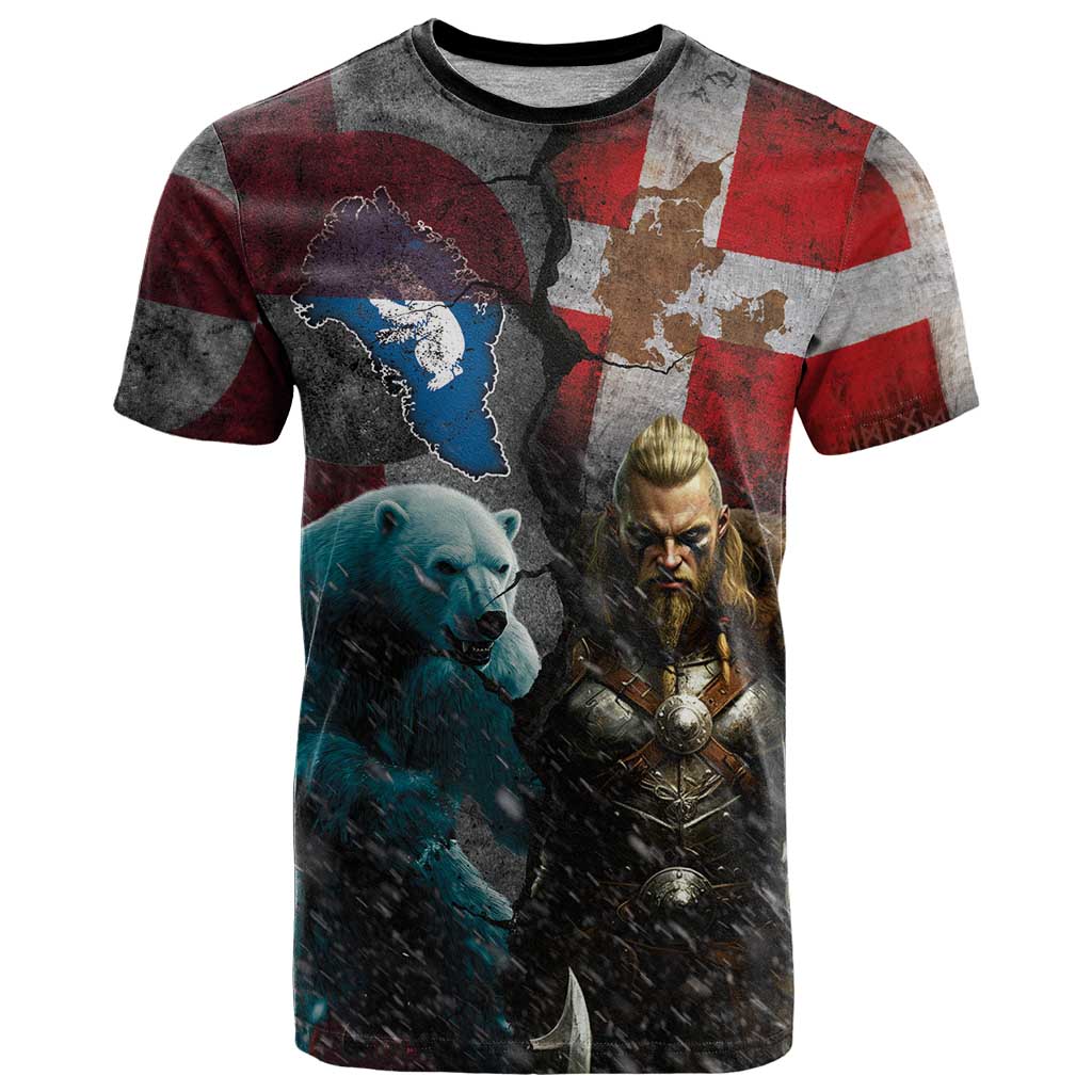 Greenlandic and Danish Together T-Shirt Polar Warrior Vikings with National Flag Grunge Style Graphic Tee