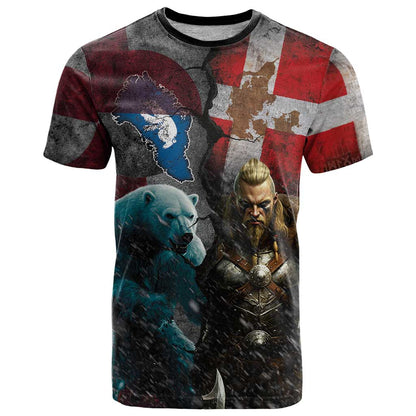 Greenlandic and Danish Together T-Shirt Polar Warrior Vikings with National Flag Grunge Style Graphic Tee