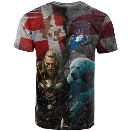Greenlandic and Danish Together T-Shirt Polar Warrior Vikings with National Flag Grunge Style Graphic Tee