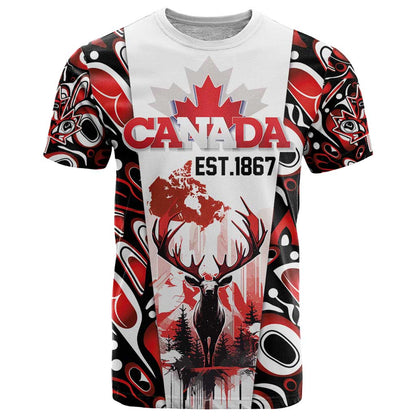 Canada Day T-Shirt The Forest Moose and Maple Leaves-Haida Pattern Graphic Tee