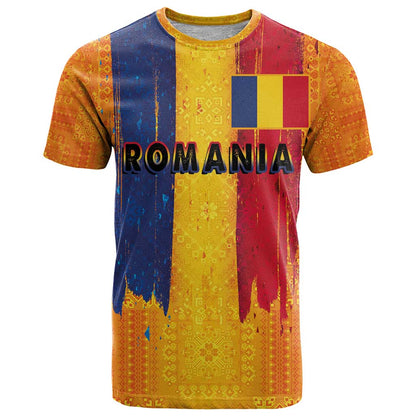 Personalized Romania Flag Day T-Shirt Traditional Pattern Royal Style Graphic Tee